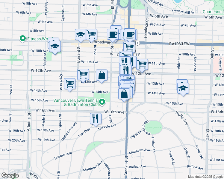 map of restaurants, bars, coffee shops, grocery stores, and more near 1595 West 14th Avenue in Vancouver