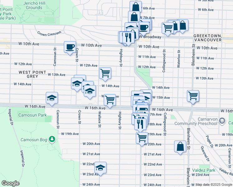 map of restaurants, bars, coffee shops, grocery stores, and more near 3813 West 15th Avenue in Vancouver