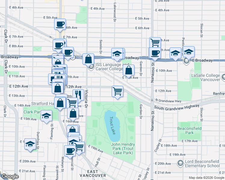 map of restaurants, bars, coffee shops, grocery stores, and more near 2849 Lakewood Drive in Vancouver