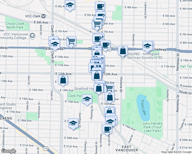 map of restaurants, bars, coffee shops, grocery stores, and more near 1680 East 12th Avenue in Vancouver