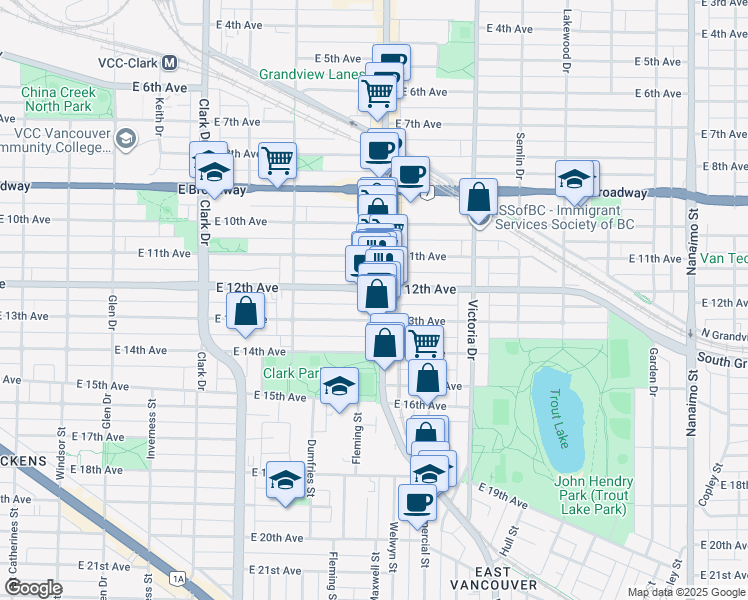 map of restaurants, bars, coffee shops, grocery stores, and more near 1680 East 12th Avenue in Vancouver