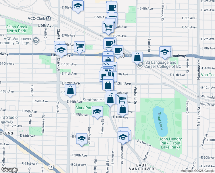 map of restaurants, bars, coffee shops, grocery stores, and more near 1680 East 12th Avenue in Vancouver