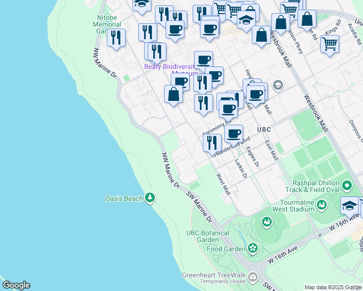 map of restaurants, bars, coffee shops, grocery stores, and more near 2373 Lower Mall in Vancouver