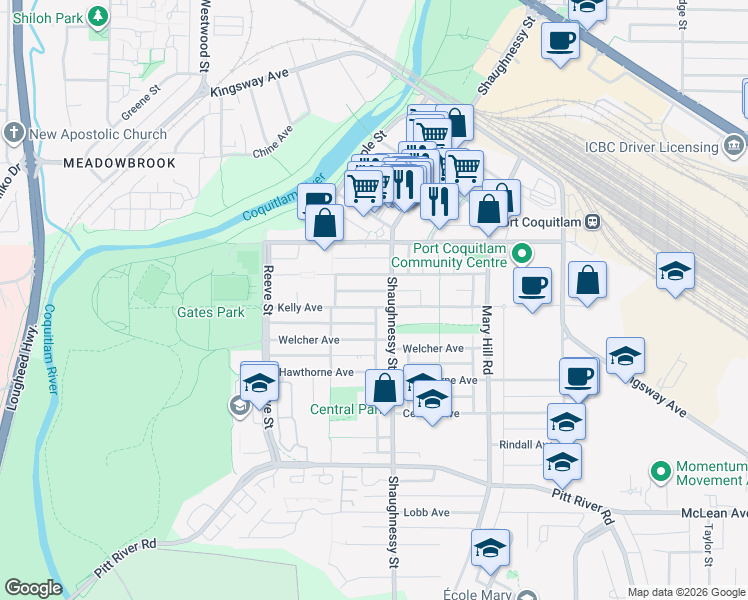 map of restaurants, bars, coffee shops, grocery stores, and more near 2331 Kelly Avenue in Port Coquitlam