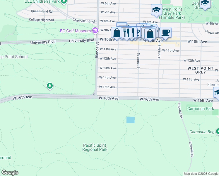 map of restaurants, bars, coffee shops, grocery stores, and more near 4636 West 15th Avenue in Vancouver