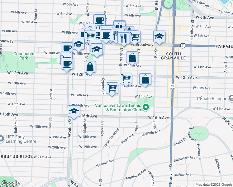 map of restaurants, bars, coffee shops, grocery stores, and more near 1815 West 14th Avenue in Vancouver