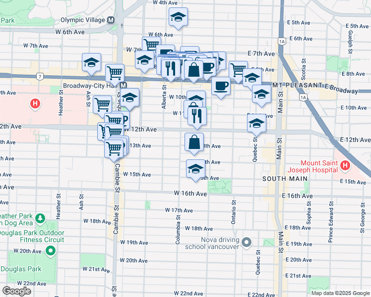 map of restaurants, bars, coffee shops, grocery stores, and more near 164 West 13th Avenue in Vancouver
