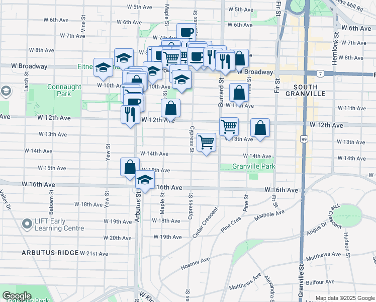 map of restaurants, bars, coffee shops, grocery stores, and more near 1903 West 14th Avenue in Vancouver