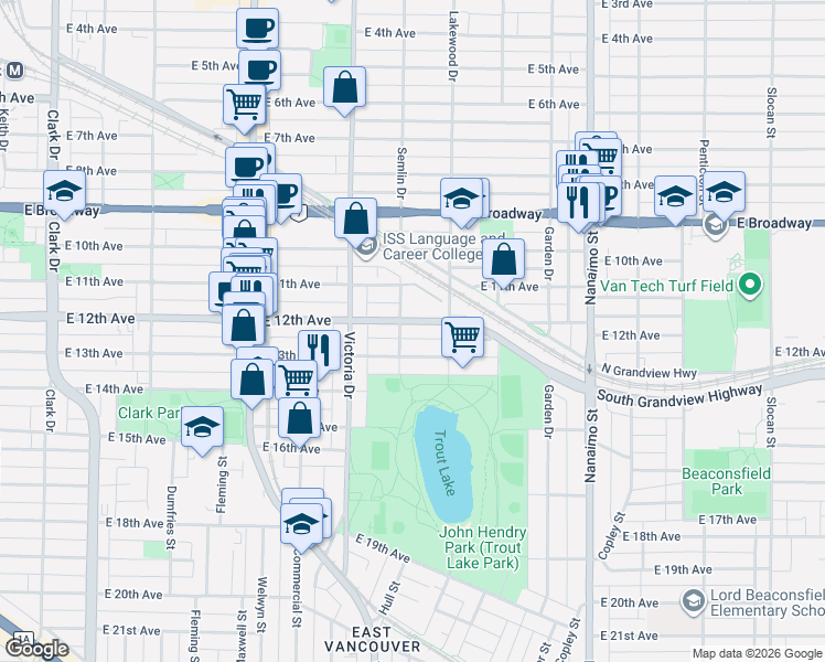 map of restaurants, bars, coffee shops, grocery stores, and more near 2018 East 12th Avenue in Vancouver