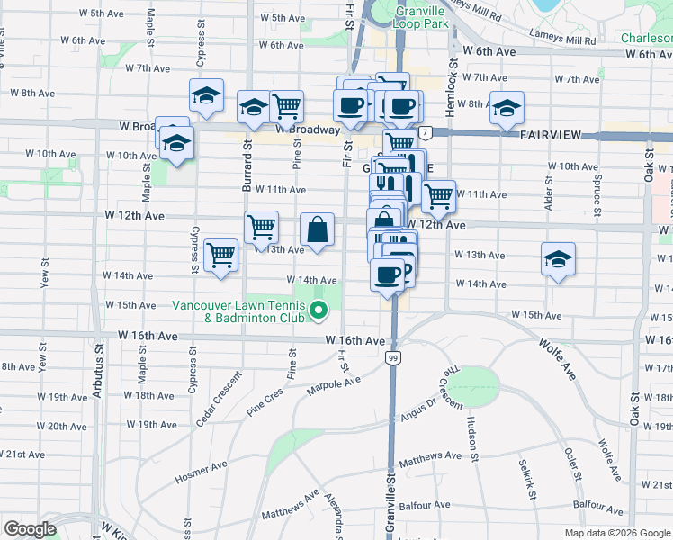map of restaurants, bars, coffee shops, grocery stores, and more near 2965 Fir Street in Vancouver
