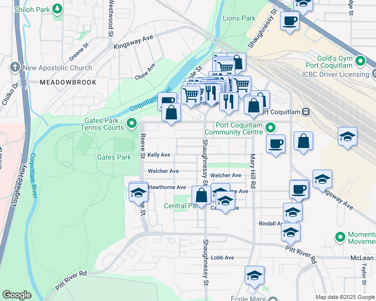 map of restaurants, bars, coffee shops, grocery stores, and more near 2351 Kelly Avenue in Port Coquitlam