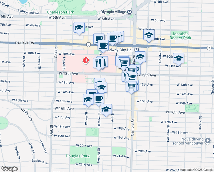 map of restaurants, bars, coffee shops, grocery stores, and more near 656 West 13th Avenue in Vancouver