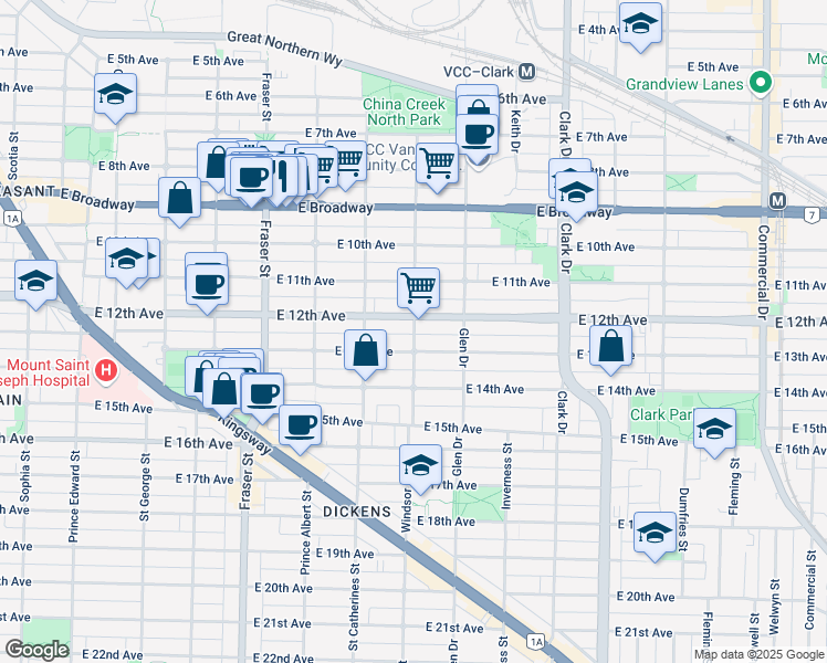 map of restaurants, bars, coffee shops, grocery stores, and more near 2841 Windsor Street in Vancouver
