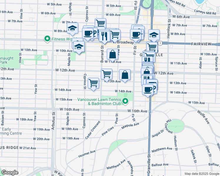 map of restaurants, bars, coffee shops, grocery stores, and more near 1755 West 14th Avenue in Vancouver