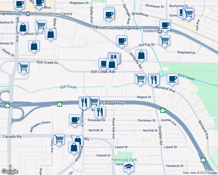 map of restaurants, bars, coffee shops, grocery stores, and more near 5156 Still Creek Avenue in Burnaby