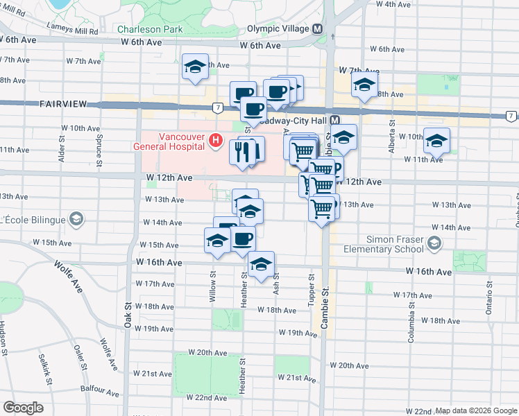 map of restaurants, bars, coffee shops, grocery stores, and more near in Vancouver
