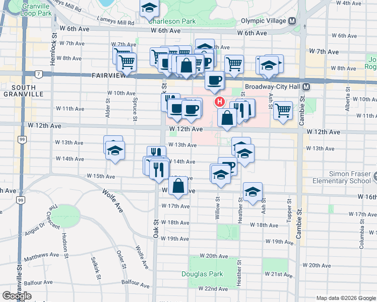 map of restaurants, bars, coffee shops, grocery stores, and more near in Vancouver