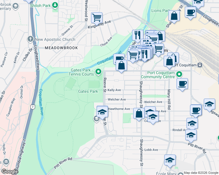map of restaurants, bars, coffee shops, grocery stores, and more near 2477 Kelly Avenue in Port Coquitlam