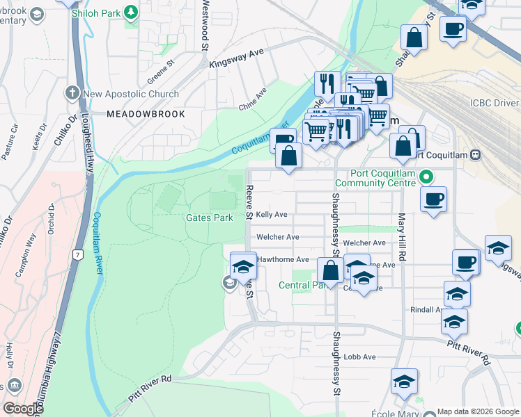 map of restaurants, bars, coffee shops, grocery stores, and more near 2477 Kelly Avenue in Port Coquitlam