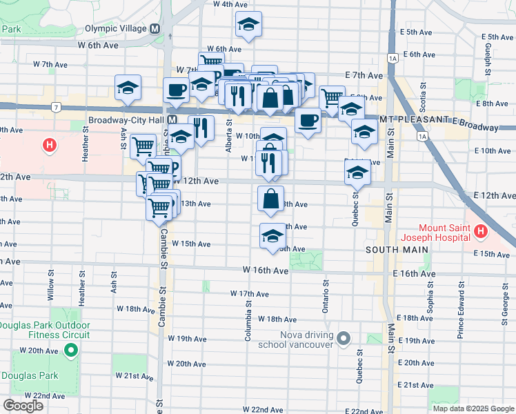 map of restaurants, bars, coffee shops, grocery stores, and more near 164 West 13th Avenue in Vancouver