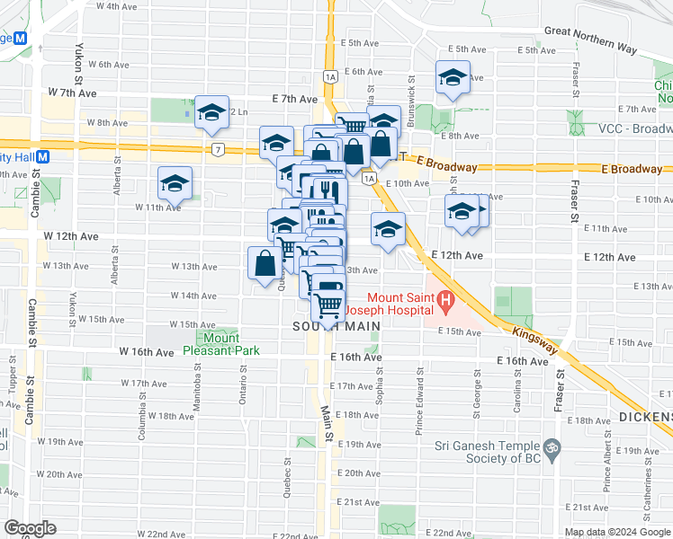 map of restaurants, bars, coffee shops, grocery stores, and more near 207 East 13th Avenue in Vancouver