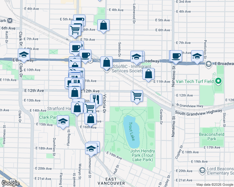 map of restaurants, bars, coffee shops, grocery stores, and more near 2817 Semlin Drive in Vancouver