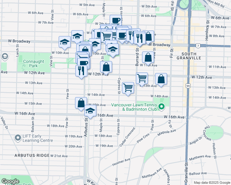map of restaurants, bars, coffee shops, grocery stores, and more near 1927 West 14th Avenue in Vancouver