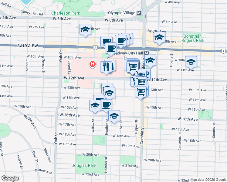 map of restaurants, bars, coffee shops, grocery stores, and more near 660 West 13th Avenue in Vancouver