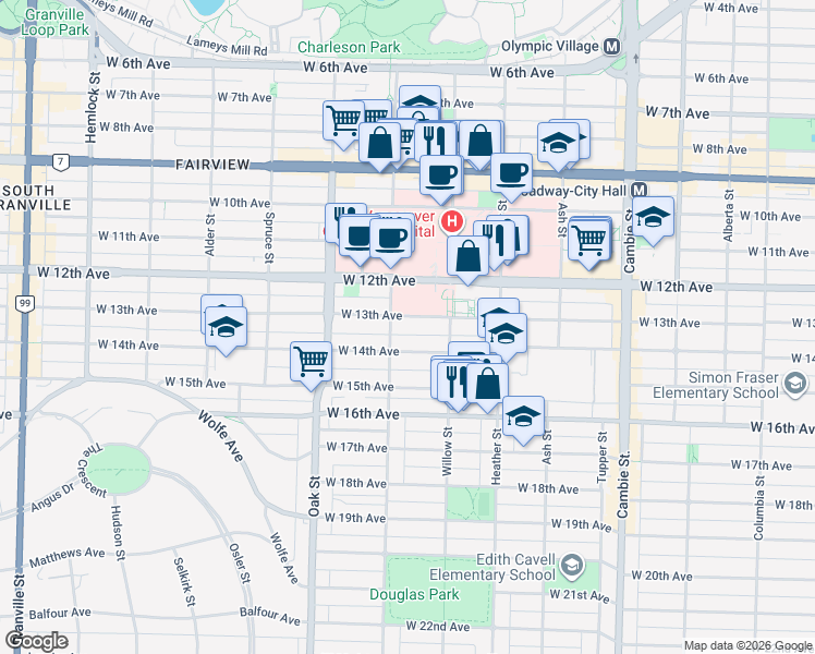 map of restaurants, bars, coffee shops, grocery stores, and more near in Vancouver
