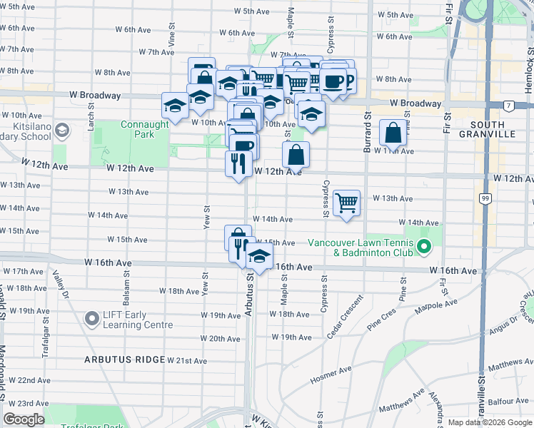 map of restaurants, bars, coffee shops, grocery stores, and more near 2047 West 14th Avenue in Vancouver