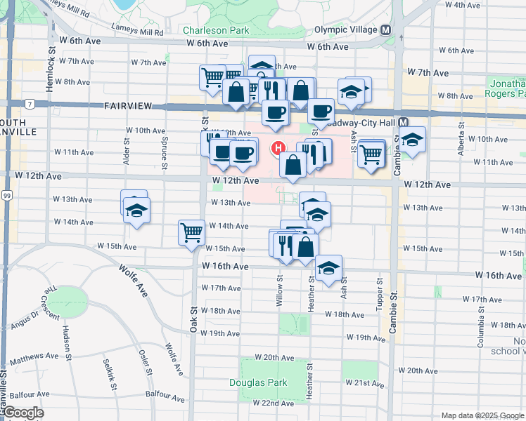 map of restaurants, bars, coffee shops, grocery stores, and more near in Vancouver