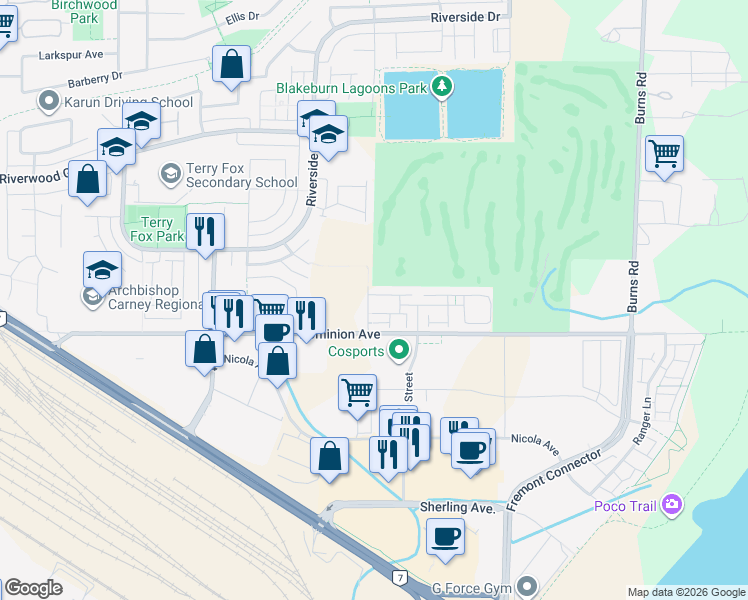 map of restaurants, bars, coffee shops, grocery stores, and more near 2428 Nile Gate in Port Coquitlam