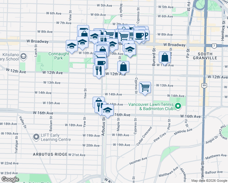 map of restaurants, bars, coffee shops, grocery stores, and more near 2025 West 14th Avenue in Vancouver