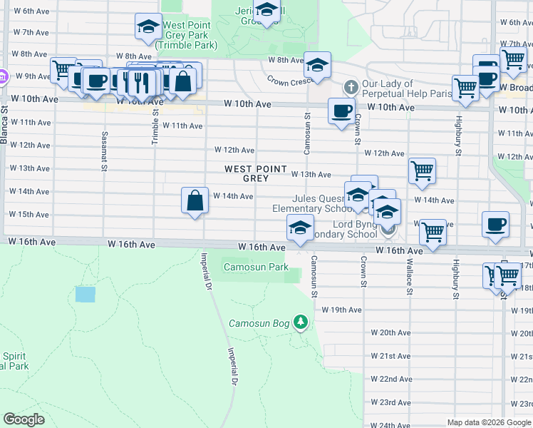 map of restaurants, bars, coffee shops, grocery stores, and more near in Vancouver