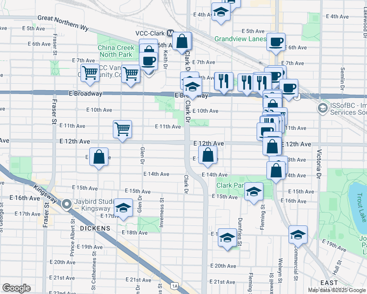 map of restaurants, bars, coffee shops, grocery stores, and more near in Vancouver