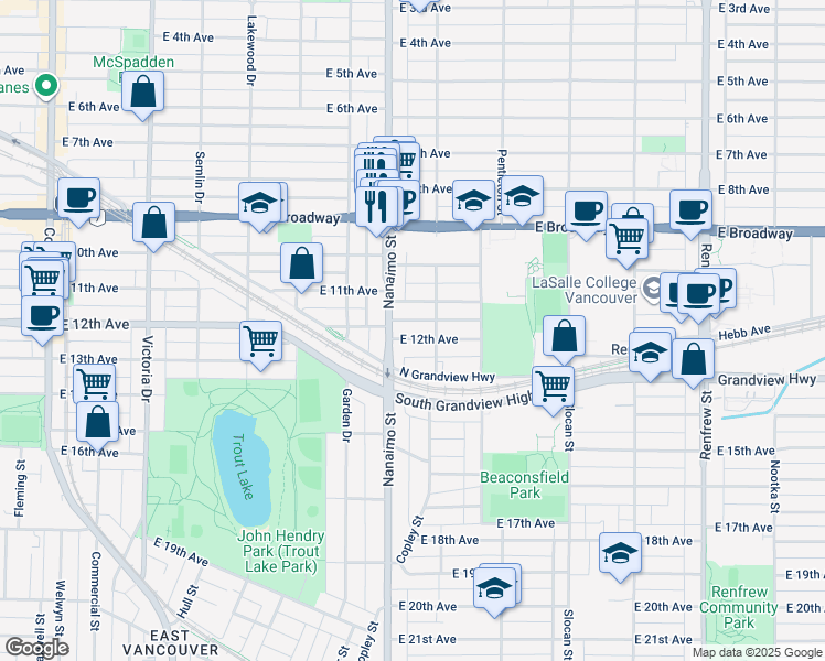 map of restaurants, bars, coffee shops, grocery stores, and more near 2431 East 12th Avenue in Vancouver