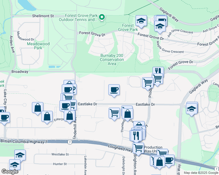 map of restaurants, bars, coffee shops, grocery stores, and more near Burnaby Mountain Urban Trail in Burnaby