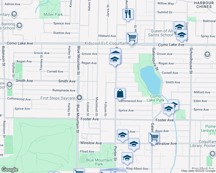 map of restaurants, bars, coffee shops, grocery stores, and more near 697 Folsom Street in Coquitlam