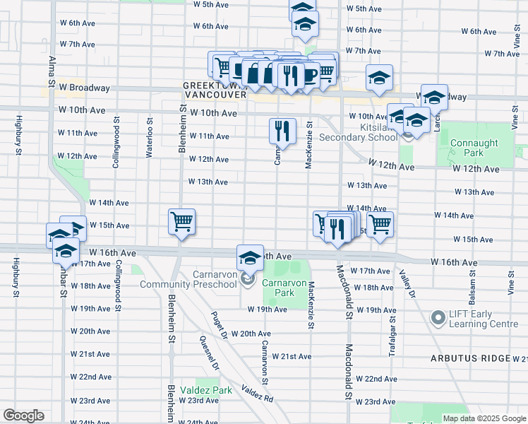 map of restaurants, bars, coffee shops, grocery stores, and more near 3036 West 14th Avenue in Vancouver