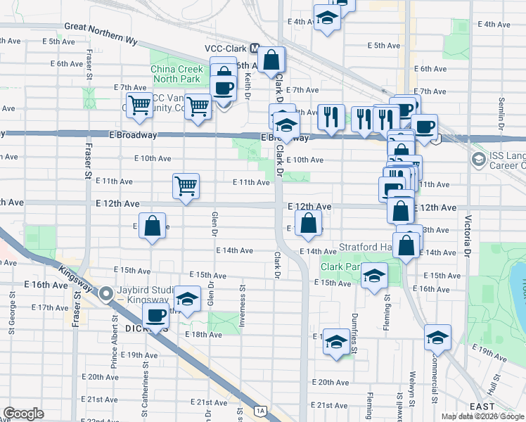 map of restaurants, bars, coffee shops, grocery stores, and more near 1256 East 12th Avenue in Vancouver