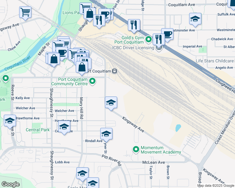 map of restaurants, bars, coffee shops, grocery stores, and more near 2061 Kingsway Avenue in Port Coquitlam