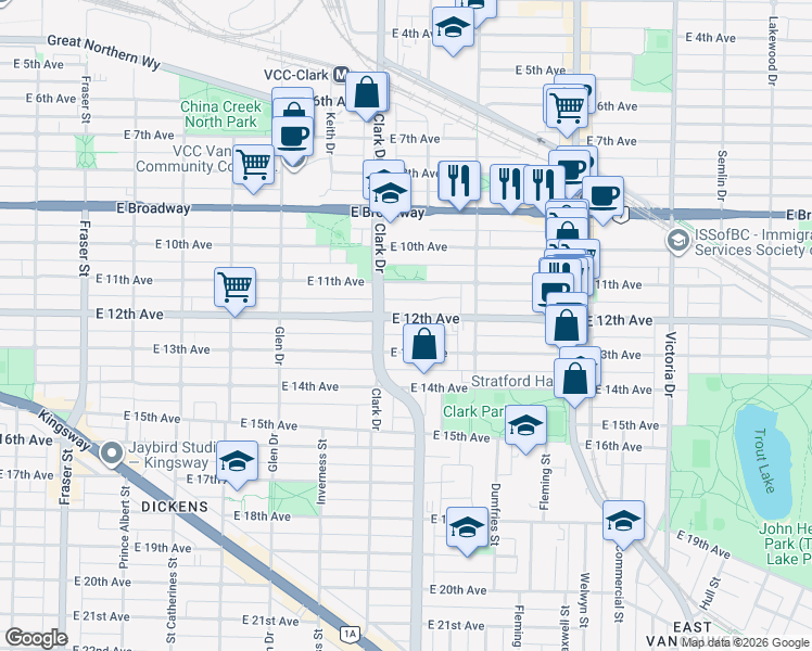 map of restaurants, bars, coffee shops, grocery stores, and more near 1356 East 12th Avenue in Vancouver