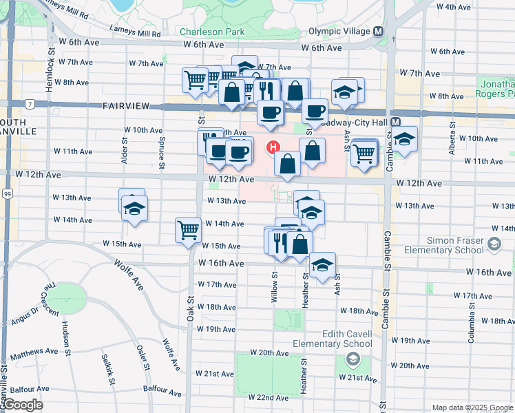 map of restaurants, bars, coffee shops, grocery stores, and more near 846 West 13th Avenue in Vancouver