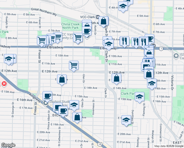 map of restaurants, bars, coffee shops, grocery stores, and more near 1160 East 12th Avenue in Vancouver