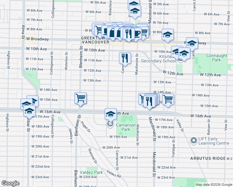 map of restaurants, bars, coffee shops, grocery stores, and more near 3036 West 14th Avenue in Vancouver
