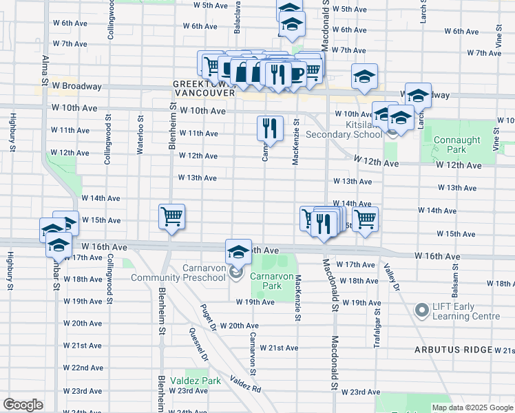 map of restaurants, bars, coffee shops, grocery stores, and more near 3012 West 14th Avenue in Vancouver