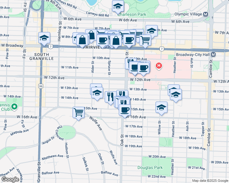 map of restaurants, bars, coffee shops, grocery stores, and more near 1066 West 13th Avenue in Vancouver