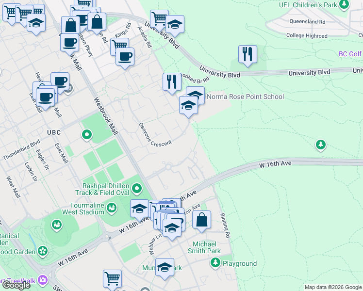 map of restaurants, bars, coffee shops, grocery stores, and more near 5683 Hampton Place in University Endowment Lands