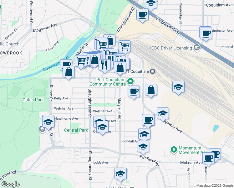 map of restaurants, bars, coffee shops, grocery stores, and more near 2427 Mary Hill Road in Port Coquitlam