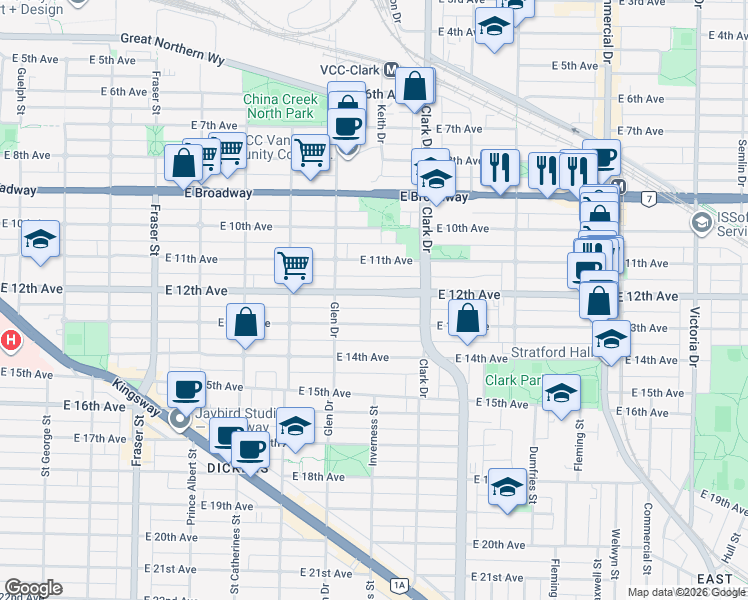 map of restaurants, bars, coffee shops, grocery stores, and more near 1178 East 12th Avenue in Vancouver